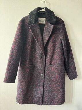 Levi's Burgundy Animal Print Patterned Pea Coat with Faux Shearling Collar